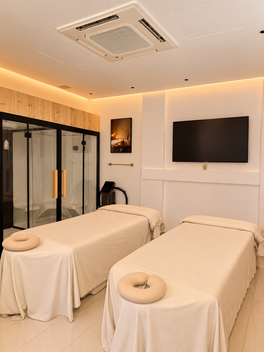 Sala de spa de Unimed con camillas y cabina de vapor